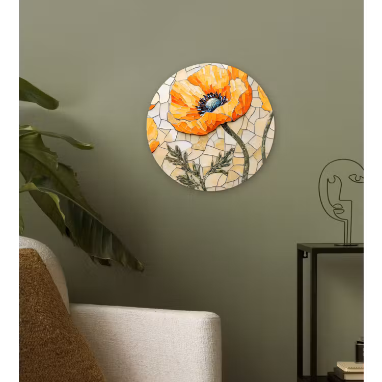 Klaprozen - Oranje - Mozaïek - Bladeren Wandcirkel plexiglas klein -sfeer3
