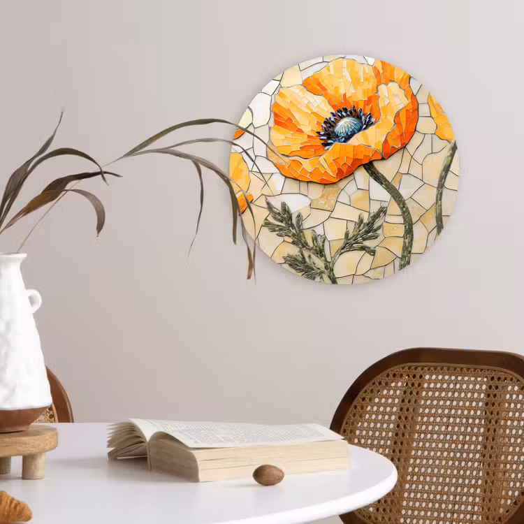 Klaprozen - Oranje - Mozaïek - Bladeren Wandcirkel plexiglas klein -sfeer4