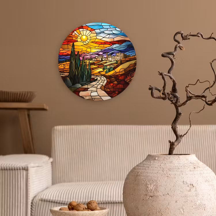 Mozaïek - Zon - Landschap - Dorp Wandcirkel plexiglas klein -sfeer1
