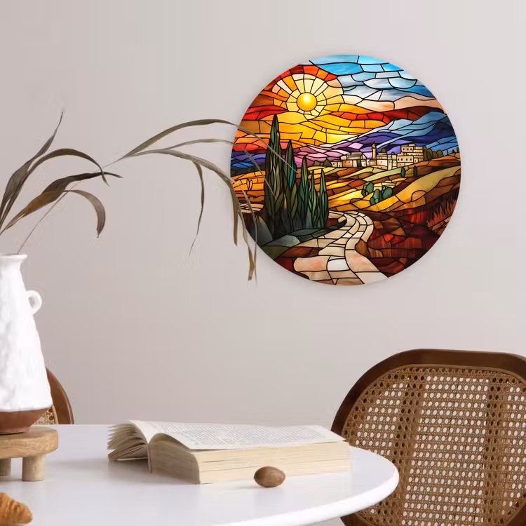 Mozaïek - Zon - Landschap - Dorp Wandcirkel plexiglas klein -sfeer4