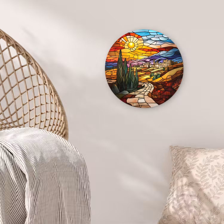 Mozaïek - Zon - Landschap - Dorp Wandcirkel plexiglas klein -sfeer5
