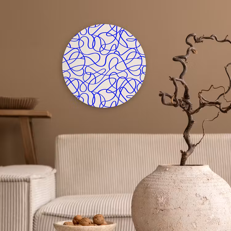 Patronen - Beige - Blauw - Lijnen Wandcirkel plexiglas klein 852 -sfeer1