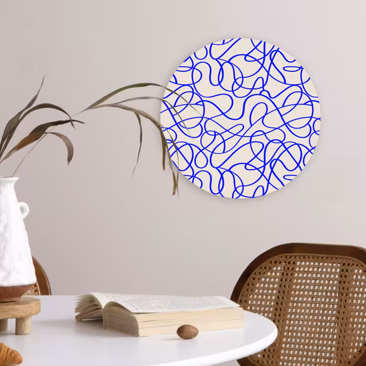 Patronen - Beige - Blauw - Lijnen Wandcirkel plexiglas klein 852 -sfeer4