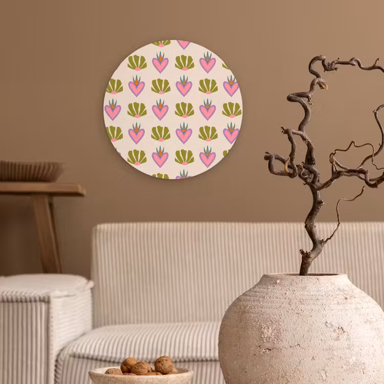 Patroon - Beige - Hartjes - Bloemen Wandcirkel plexiglas klein 852 -sfeer1