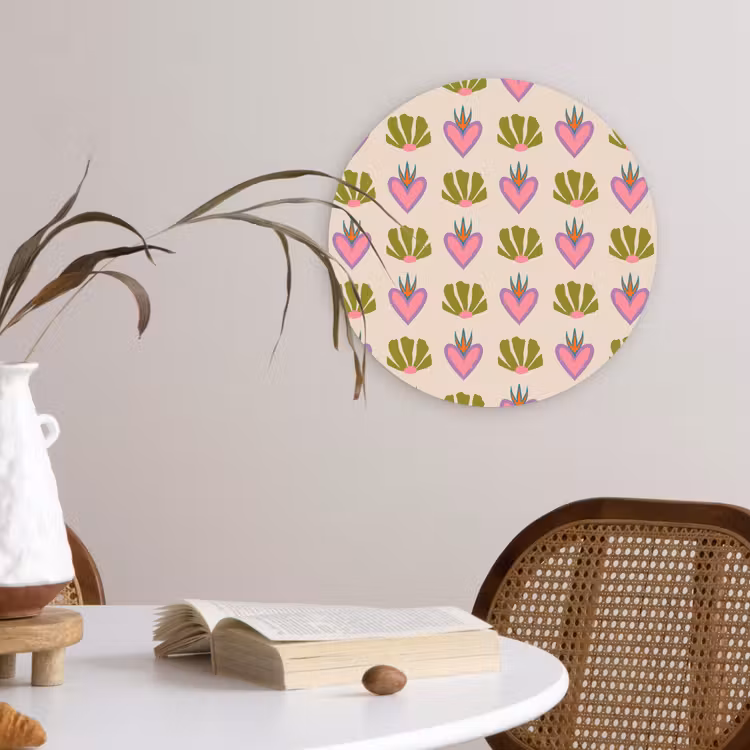 Patroon - Beige - Hartjes - Bloemen Wandcirkel plexiglas klein 852 -sfeer4