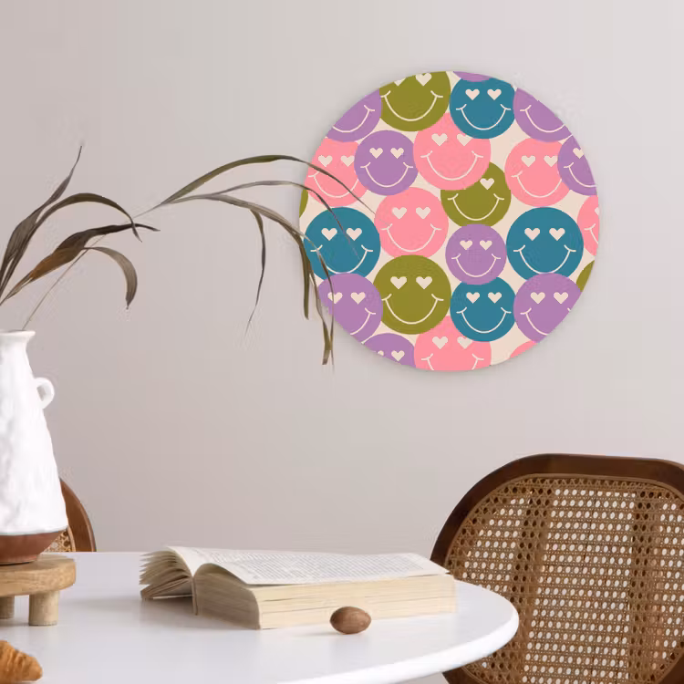 Patroon - Smiley - Kleurrijk - Hartjes Wandcirkel plexiglas klein 852 -sfeer4