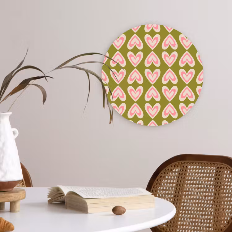 Patroon - Symmetrisch - Hartjes - Olijfgroen Wandcirkel plexiglas klein 852 -sfeer4