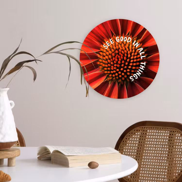 Close up - Bloem - Quote - Rood Wandcirkel plexiglas klein -sfeer4