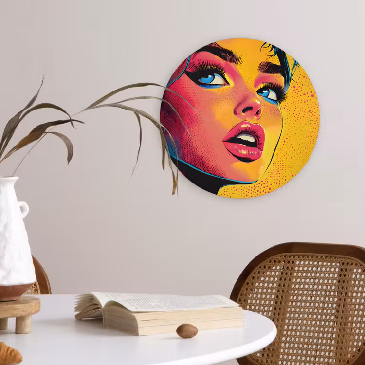 Close-up - Vrouwengezicht - Stippen - Geel Wandcirkel plexiglas klein -sfeer4