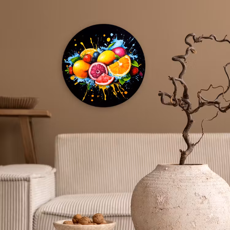 Fruit - Graffiti - Kleurrijk - Sinaasappel - Aardbei - Abstract Wandcirkel plexiglas klein -sfeer1