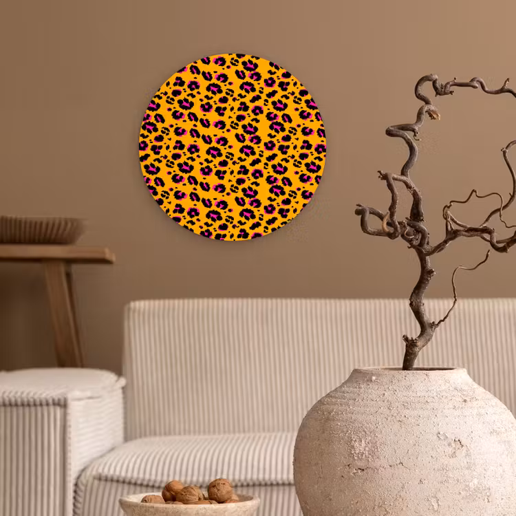 Oranje - Roze - Panterprint Wandcirkel plexiglas klein 852 -sfeer1