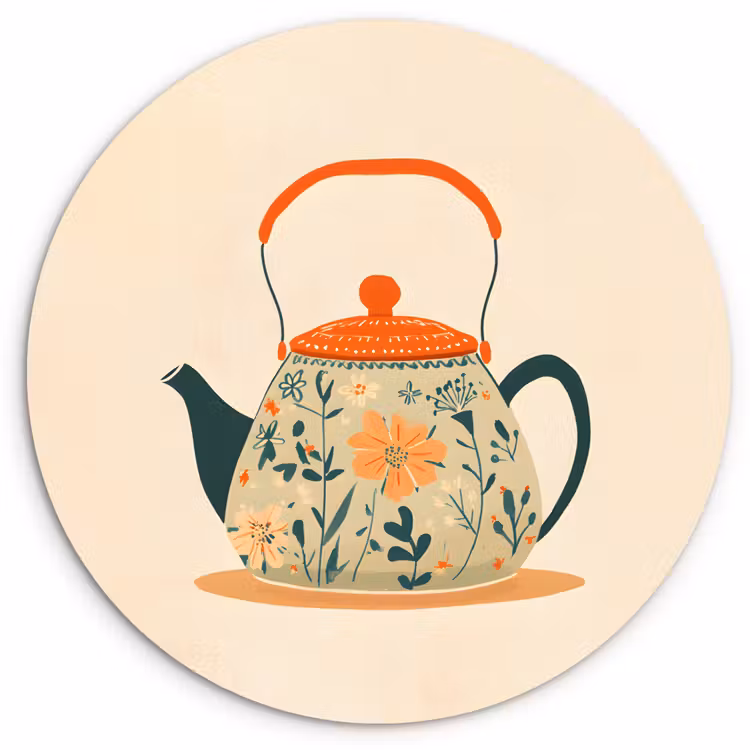Oranje - Theepot - Bloemen - Bladeren Wandcirkel plexiglas klein -3d