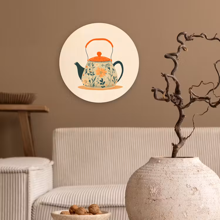 Oranje - Theepot - Bloemen - Bladeren Wandcirkel plexiglas klein -sfeer1