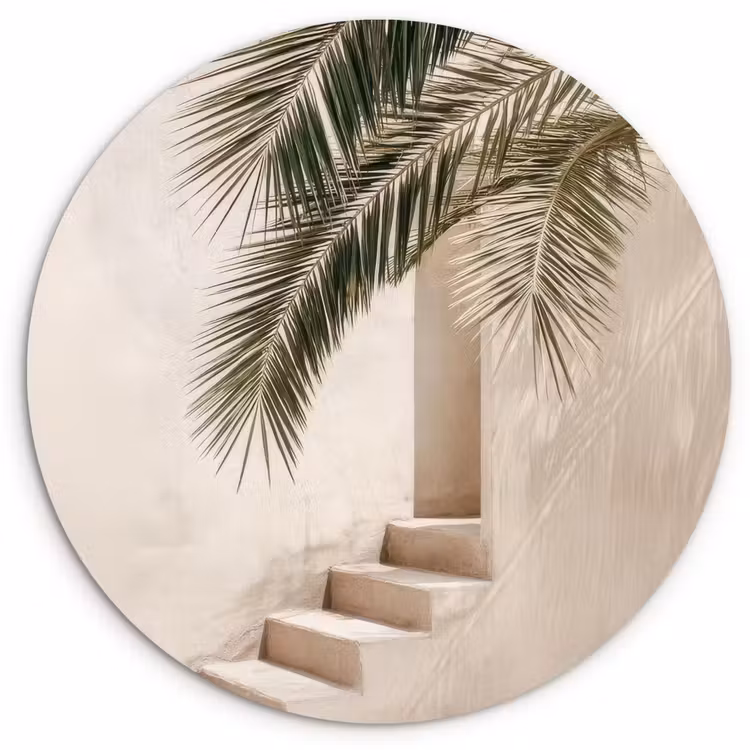 Palmboom - Schaduw - Trap - Beige Wandcirkel plexiglas klein -3d