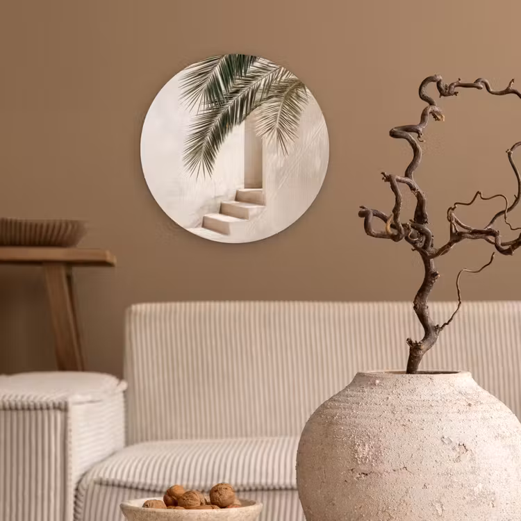 Palmboom - Schaduw - Trap - Beige Wandcirkel plexiglas klein -sfeer1