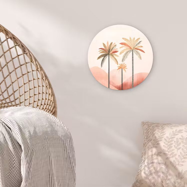 Palmbomen - Heuvels - Minimalistisch - Zachtroze Wandcirkel plexiglas klein -sfeer5