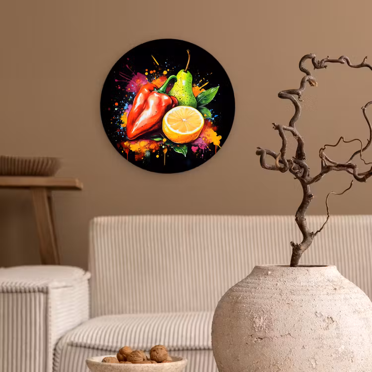 Paprika - Peer - Citroen - Graffiti - Verf - Abstract Wandcirkel plexiglas klein -sfeer1