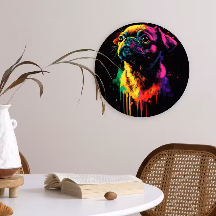 Puck - Hond - Verf - Kleuren Wandcirkel plexiglas klein -sfeer4