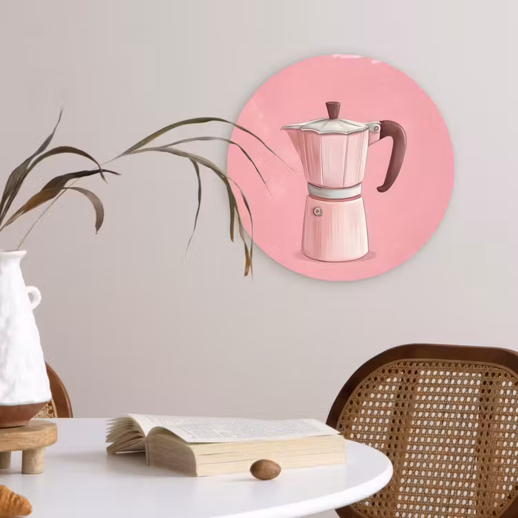Roze - Mokkapot - Illustratie - Koffie Wandcirkel plexiglas klein -sfeer4