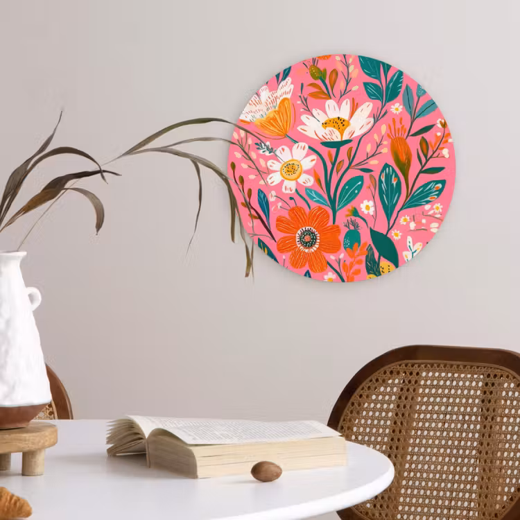 Roze - Bloemen - Wit - Oranje Wandcirkel plexiglas klein -sfeer4