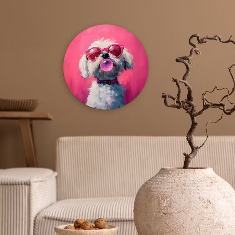 Pink - Hond - Bubbel Wandcirkel plexiglas klein -sfeer1
