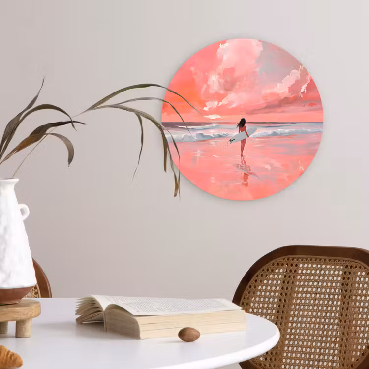 Roze - Surfen - Zee Wandcirkel plexiglas klein -sfeer4