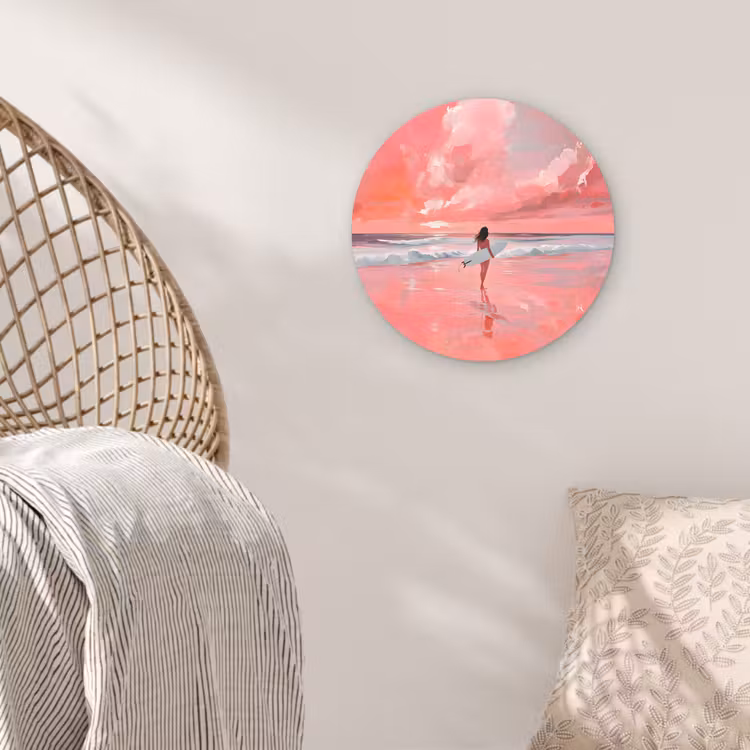 Roze - Surfen - Zee Wandcirkel plexiglas klein -sfeer5