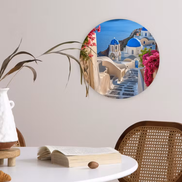 Santorini - Bloemen - Griekenland Wandcirkel plexiglas klein -sfeer4