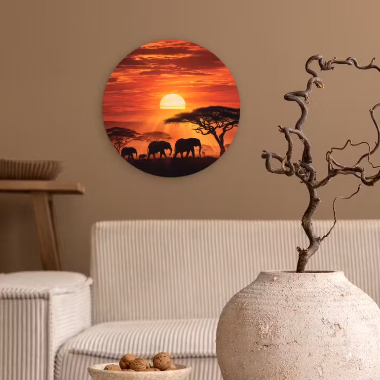 Savanne - Olifanten - Zonsondergang Wandcirkel plexiglas klein -sfeer1