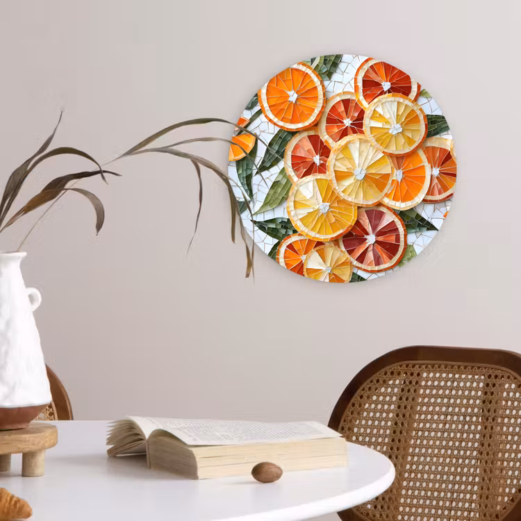 Schijfjes - Fruit - Oranje - Mozaïek Wandcirkel plexiglas klein -sfeer4