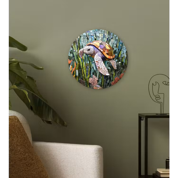 Schildpad - Zeewier - Mozaïek Wandcirkel plexiglas klein -sfeer3