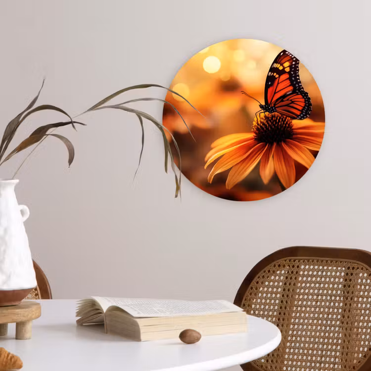 Vlinder - Bloemen - Oranje Wandcirkel plexiglas klein -sfeer4