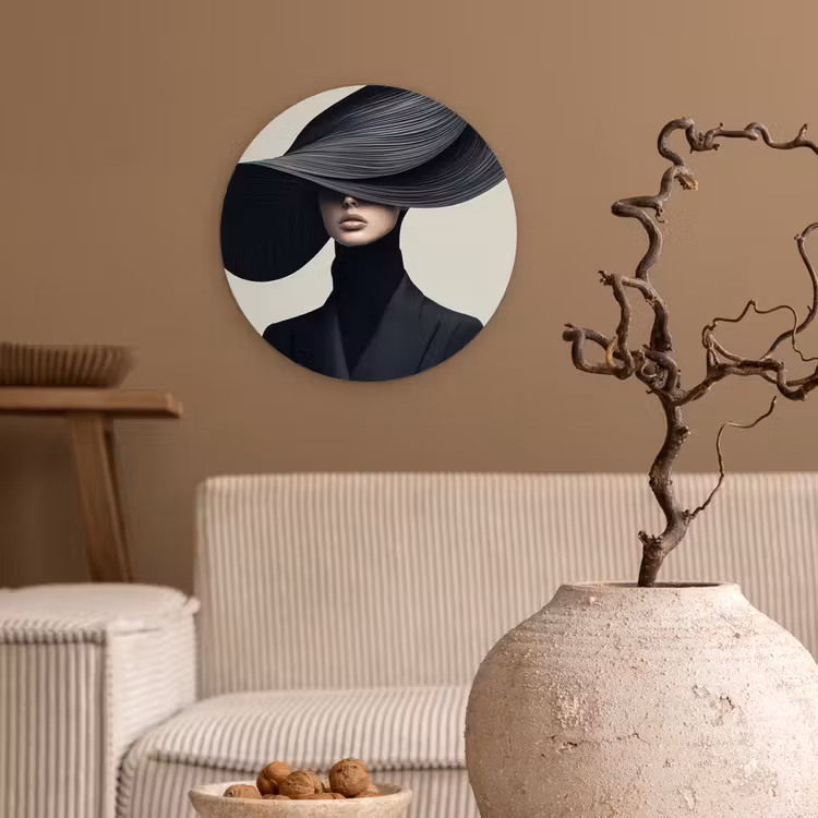 Zwart - Vrouw - Hoed Wandcirkel plexiglas klein -sfeer1