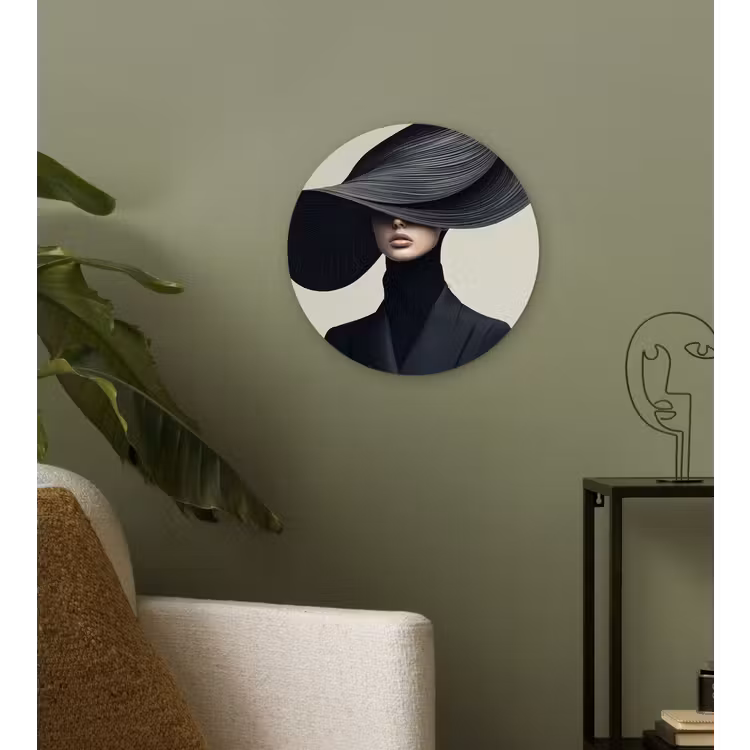 Zwart - Vrouw - Hoed Wandcirkel plexiglas klein -sfeer3