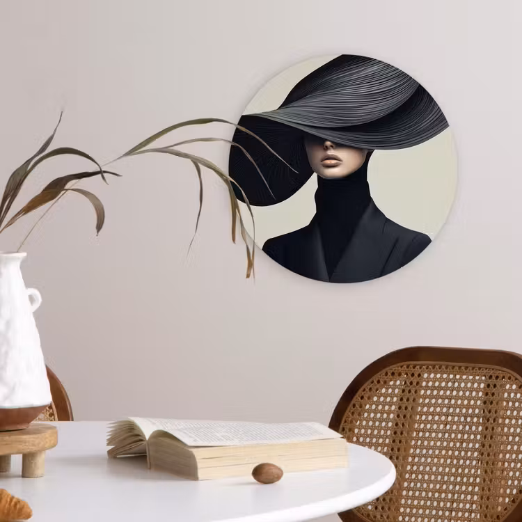 Zwart - Vrouw - Hoed Wandcirkel plexiglas klein -sfeer4