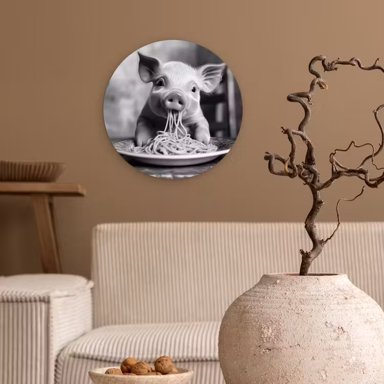 Varken - Schattig - Spaghetti - Zwart wit - Dier Wandcirkel plexiglas klein -sfeer1