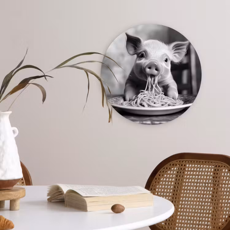Varken - Schattig - Spaghetti - Zwart wit - Dier Wandcirkel plexiglas klein -sfeer4
