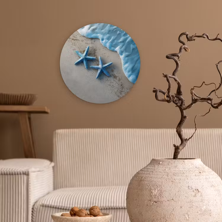 Zeesterren - Zand - Zee - Blauw Wandcirkel plexiglas klein -sfeer1