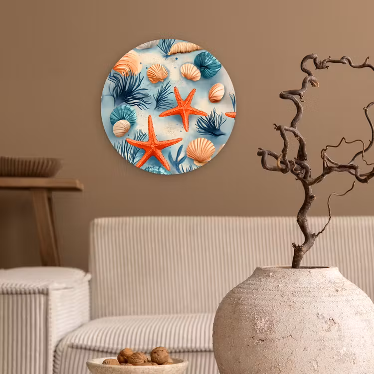 Zeesterren - Schelpen - Illustratie - Zand Wandcirkel plexiglas klein -sfeer1