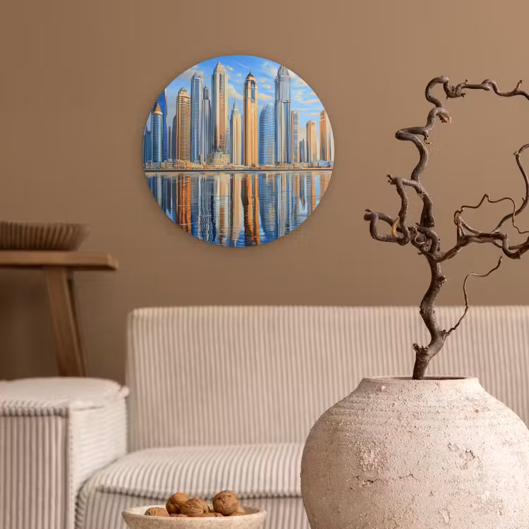 Skyline - Wolkenkrabbers - Water - Blauw Wandcirkel plexiglas klein -sfeer1