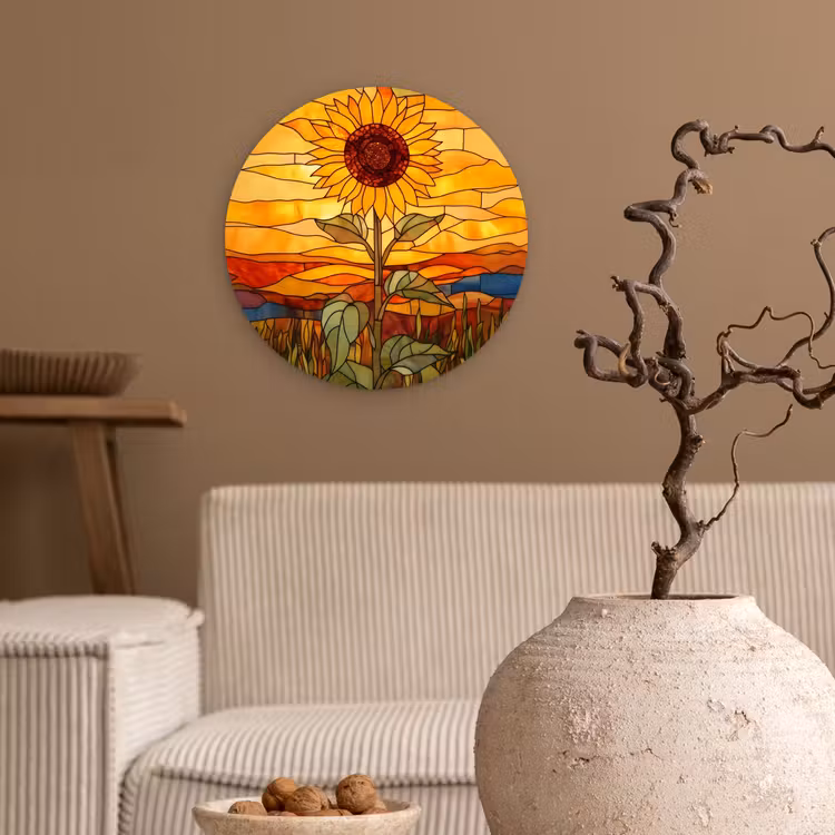 Zonnebloem - Mozaïek - Zonsondergang - Geel Wandcirkel plexiglas klein -sfeer1