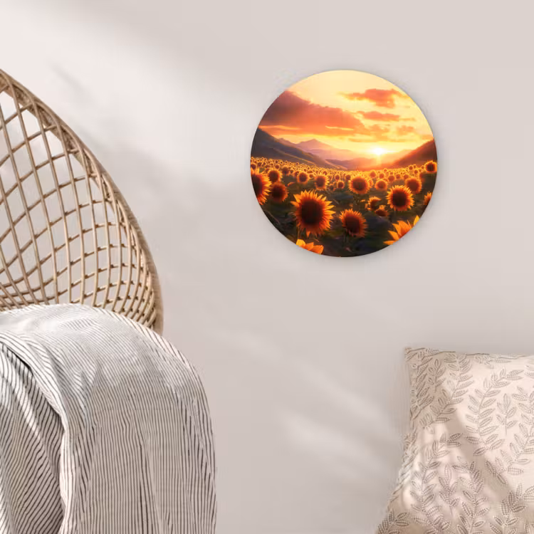 Zonnebloemen - Zonsondergang - Landschap Wandcirkel plexiglas klein -sfeer5