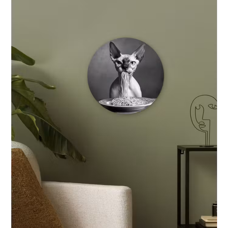 Sphynx - Kat - Dieren - Humor - Spaghetti - Zwart Wit Wandcirkel plexiglas klein -sfeer3