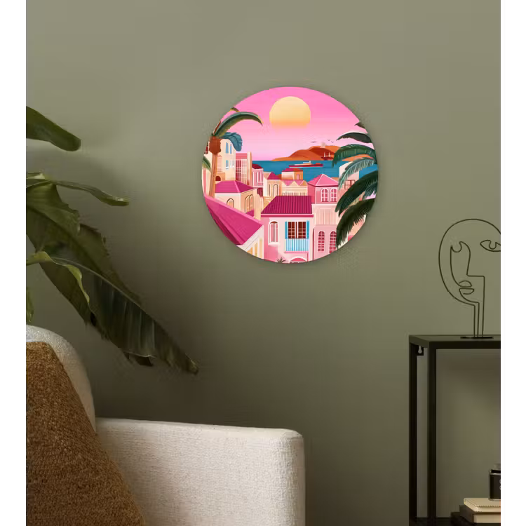 Stad - Roze - Palmbomen Wandcirkel plexiglas klein -sfeer3