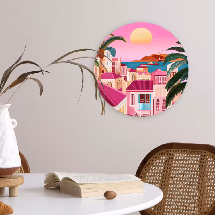Stad - Roze - Palmbomen Wandcirkel plexiglas klein -sfeer4
