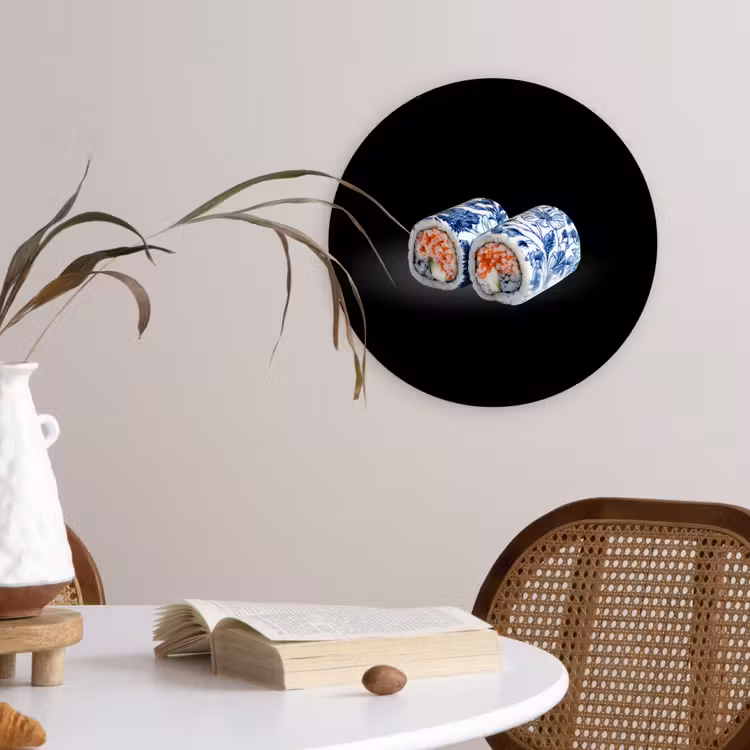 Sushi - Delfts blauw - Rijst - Vis - Elegant Wandcirkel plexiglas klein -sfeer4