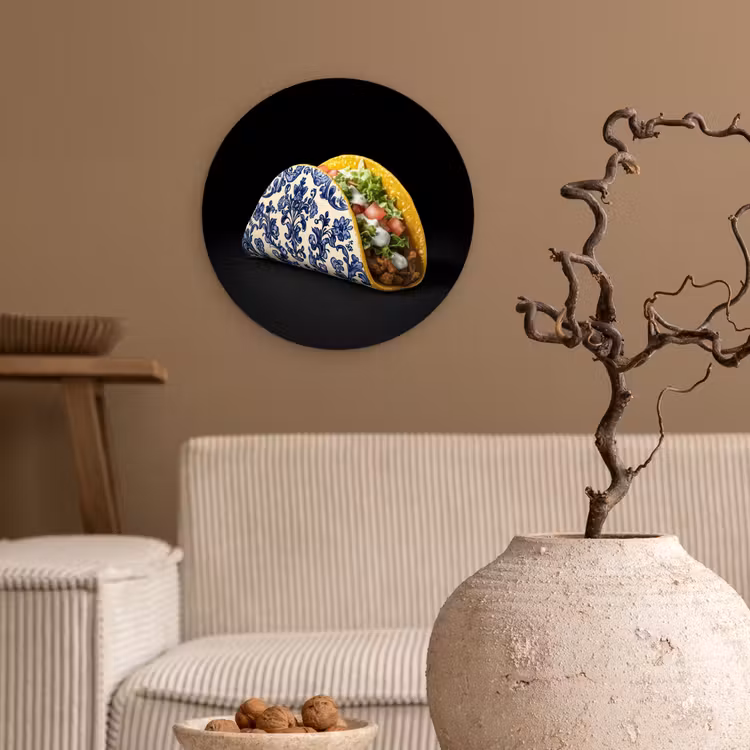 Taco - Vlees - Salade - Delftsblauw - Motief Wandcirkel plexiglas klein -sfeer1