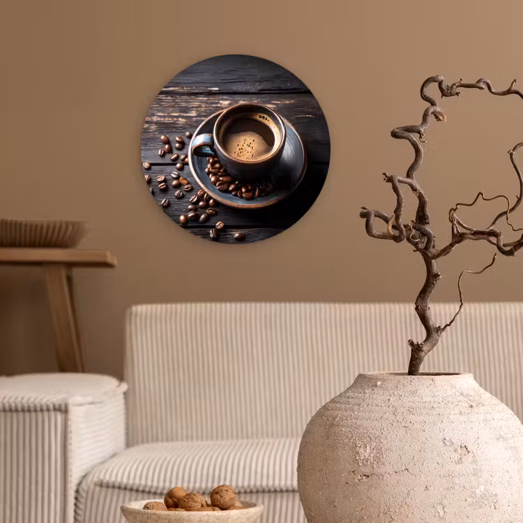 Kop - Koffie - Hout - Bonen Wandcirkel plexiglas klein -sfeer1
