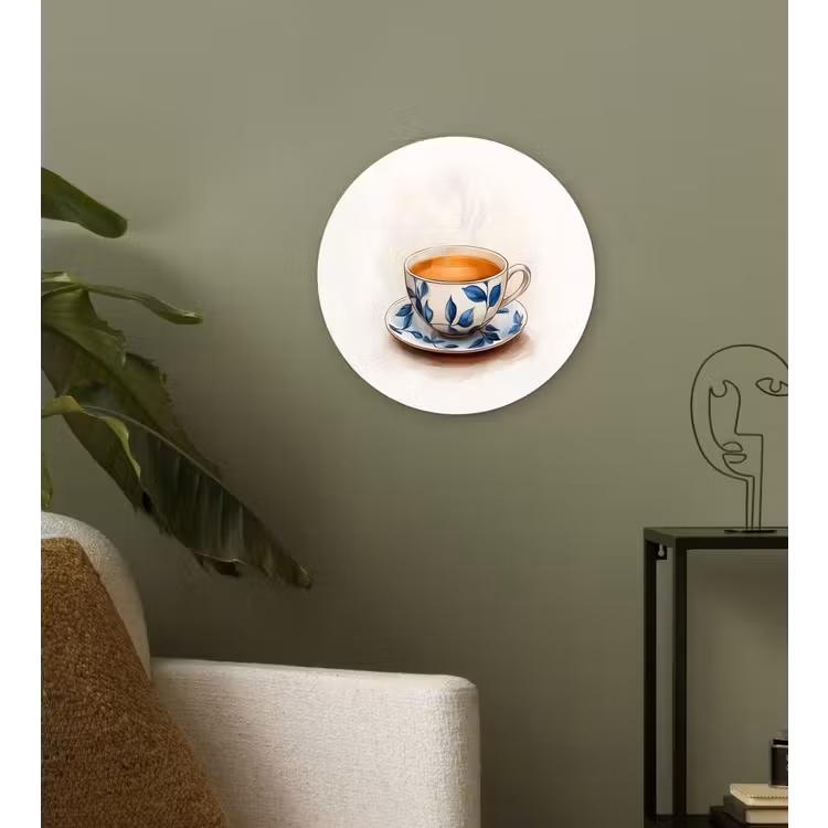 Theekop - Bladeren - Blauw Wandcirkel plexiglas klein -sfeer3