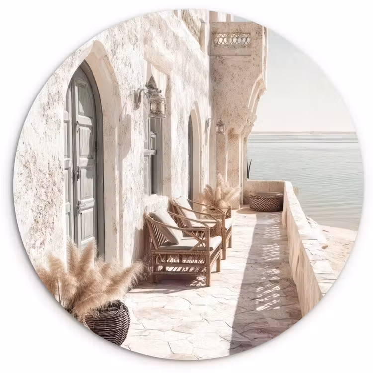Terras - Stoelen - Strand - Beige Wandcirkel plexiglas klein -3d